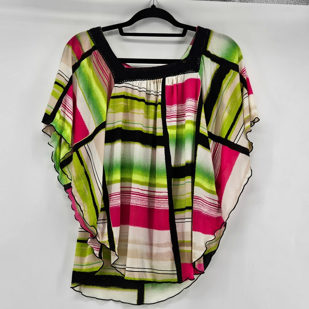 Boho Abstract Geometric Flutter Sleeve Blouse Artsy Flowy Maximalist Festival L